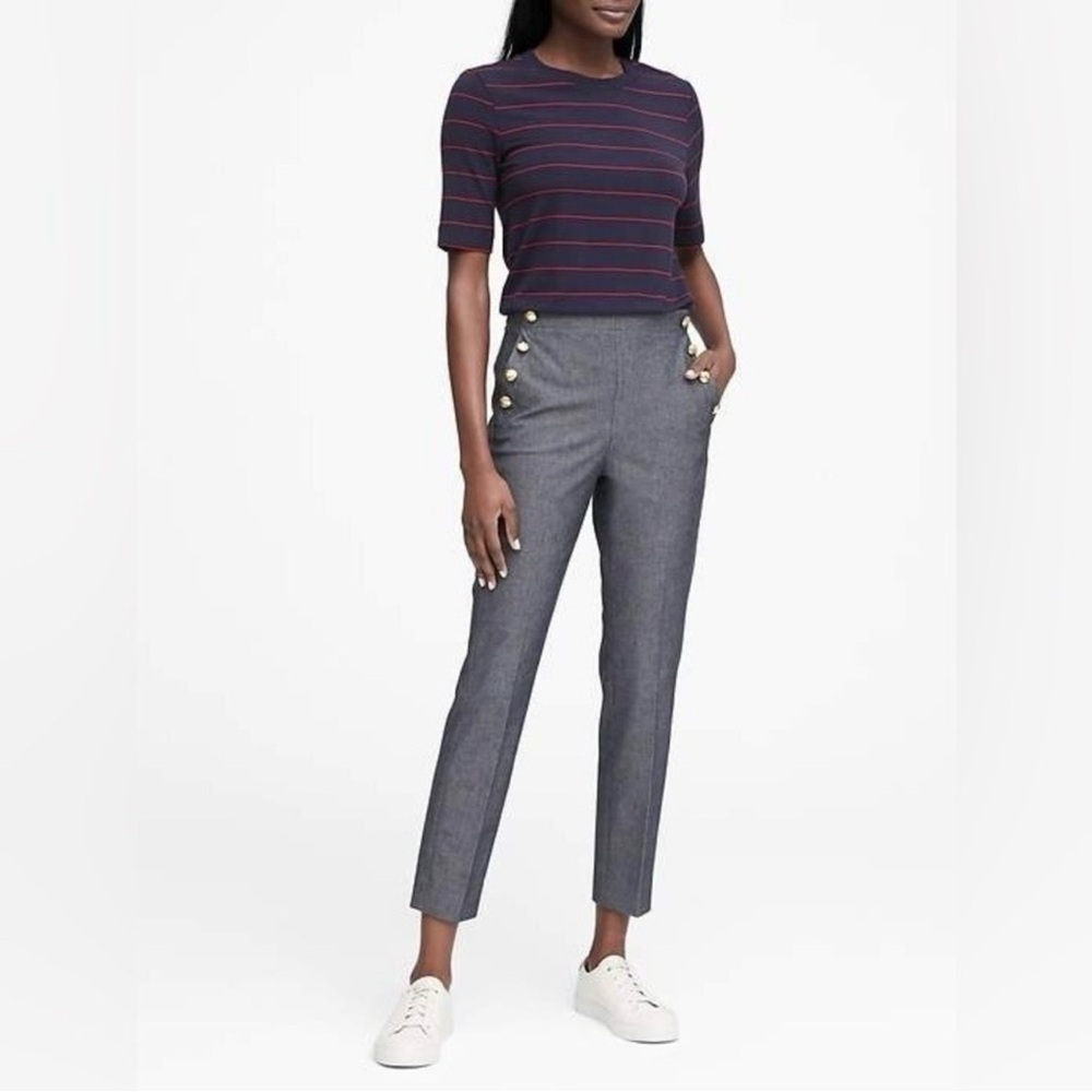 Banana Republic Slim Fit Sailor Pants Gold Buttons Ankle Crop Chambray Blue 0